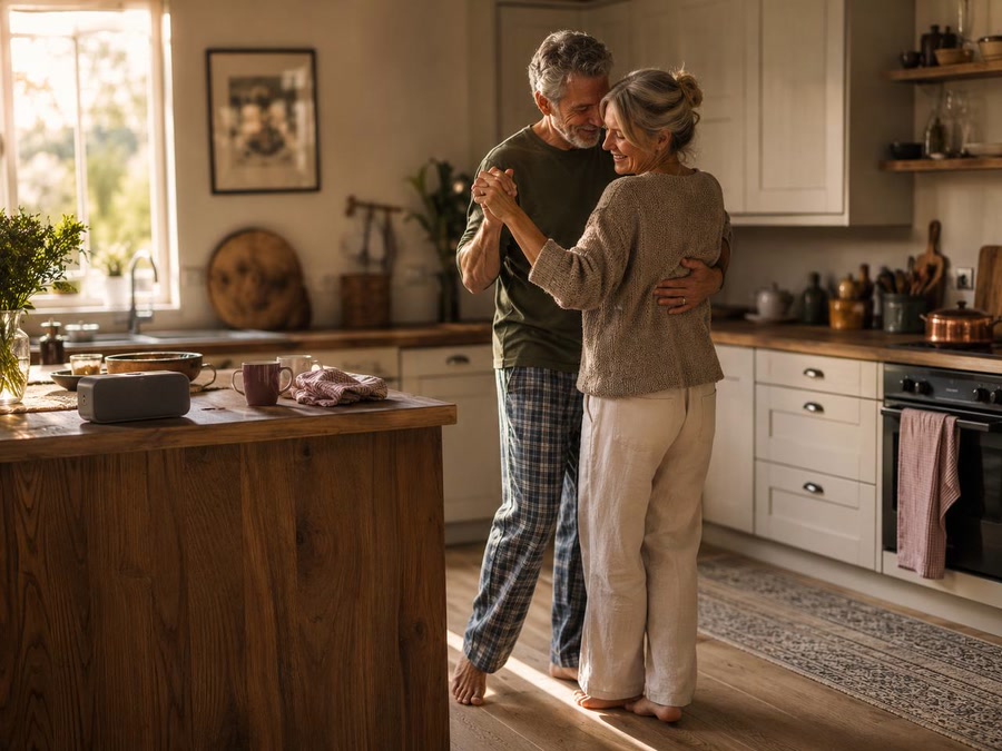 Older couple dancing barefoot together in their kitchen