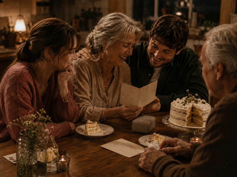 Multigenerational family sharing cards and cake after an adult birthday celebration