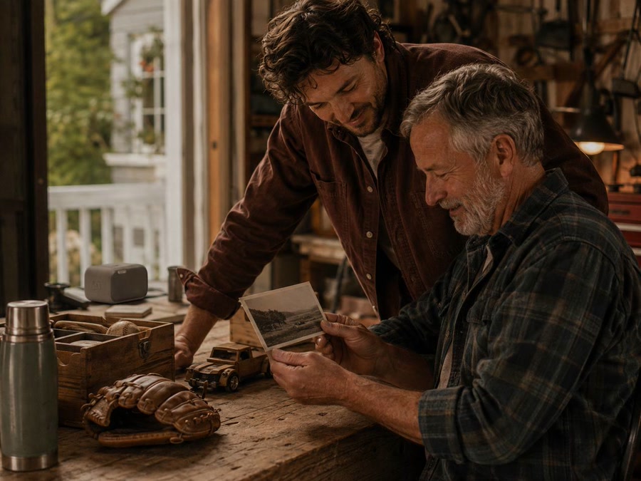 Father and adult son sharing an old photograph at a garage workbench