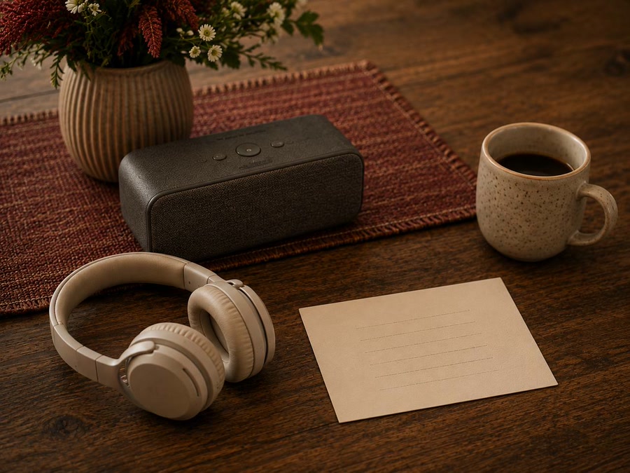 Headphones, speaker, lyric card, coffee and flowers arranged on a warm wooden table