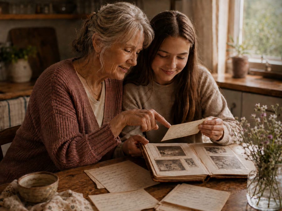 Grandmother and teenage granddaughter looking through family cards and a photo album