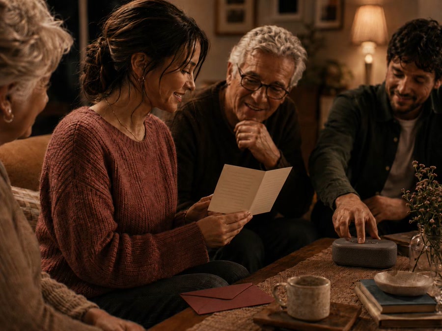 Family gathered as a woman reads a keepsake card beside a fabric speaker