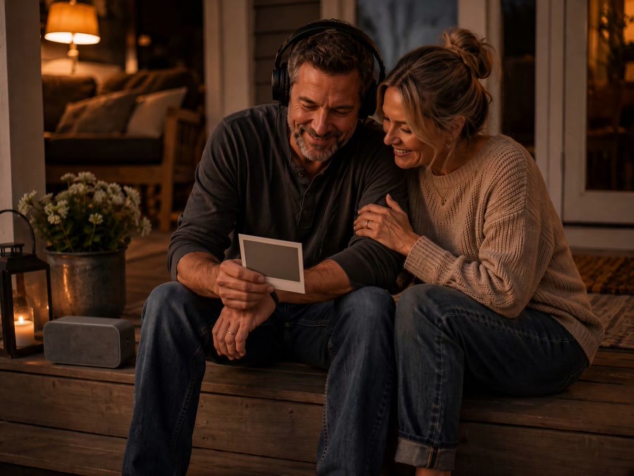 Married couple sharing headphones while looking at a Polaroid-style photograph on porch steps