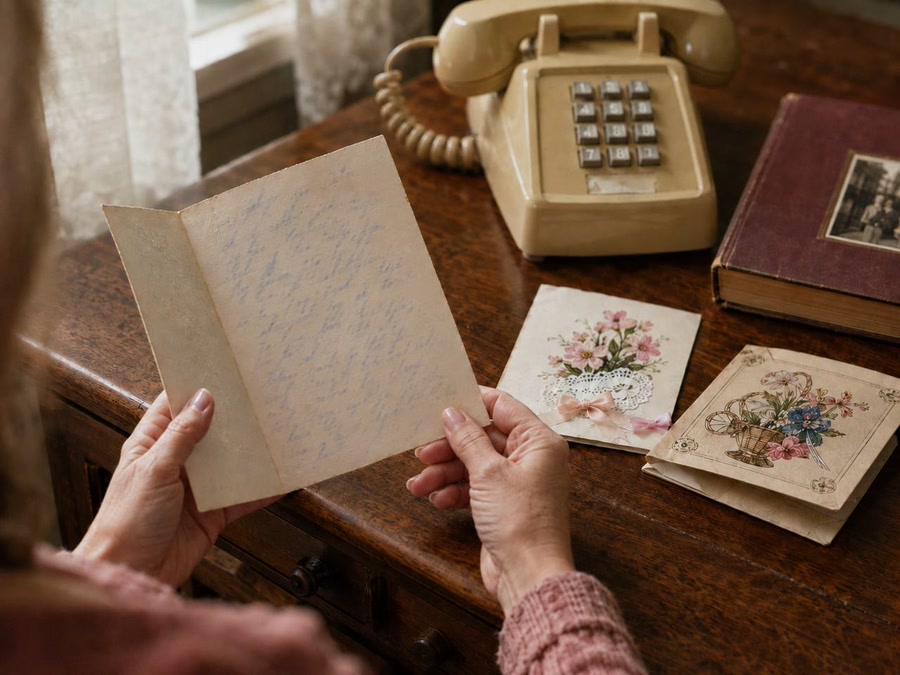 Hands reading a blue-ink birthday card beside a vintage telephone and family album