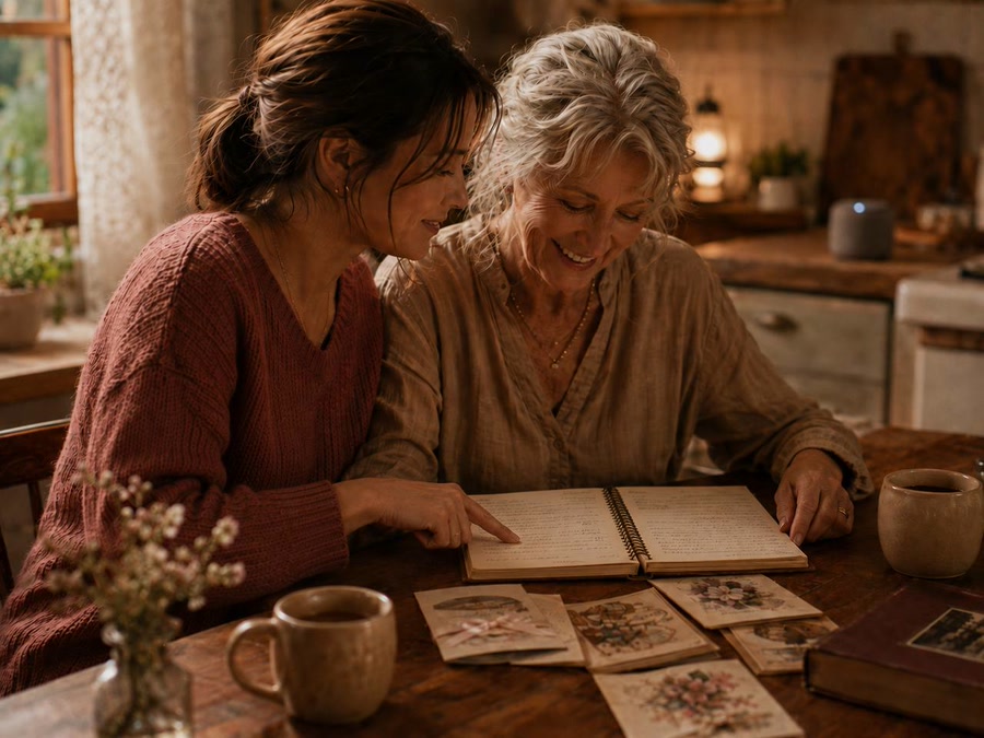 Mother and adult daughter looking through a family recipe notebook at the kitchen table