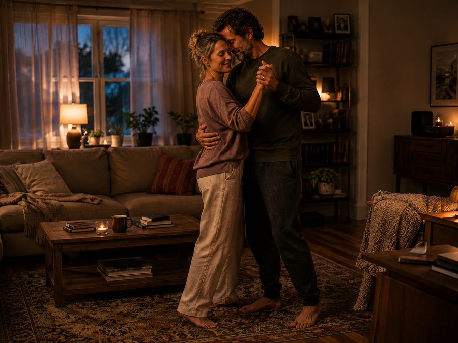 Married couple slow dancing barefoot in their living room with wedding bands visible