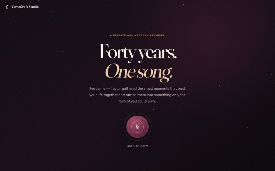 Opening screen of a fictional VerseCraft private song premiere with the words Forty years, One song